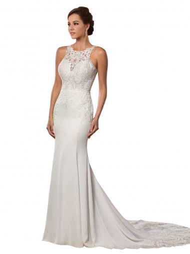 Modern Deep V-Neck Sheath Lace Wedding Dress with Open V-Back Brisbane