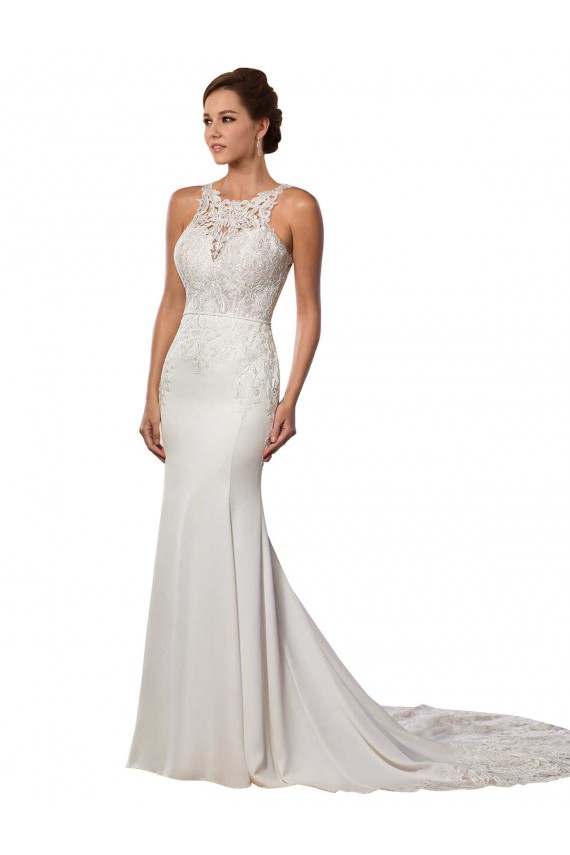 Modern Deep V-Neck Sheath Lace Wedding Dress with Open V-Back Brisbane