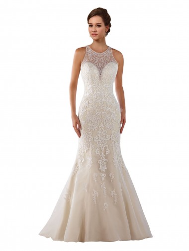 High Neck Mermaid Lace Wedding Dress with Illusion Back Brisbane