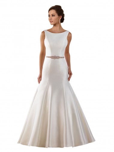 Modern Boat Neck Mermaid Satin Wedding Dress with Deep V-Back Brisbane