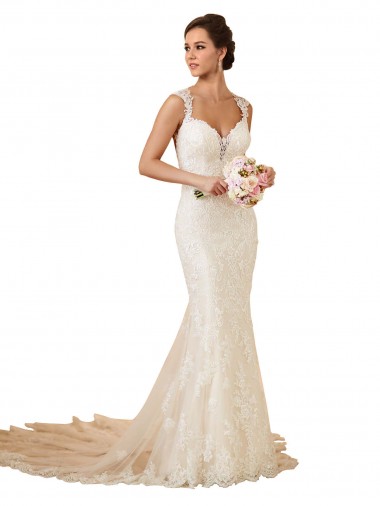 Modern Chapel Train Sweetheart Mermaid Lace Wedding Dress with Keyhole Back Brisbane