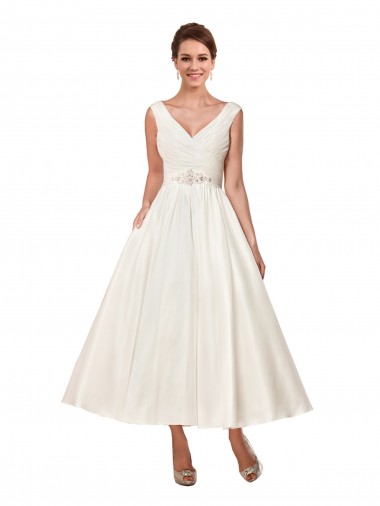 V-Neck A-Line Short Ankle Length Satin Wedding Dress Brisbane