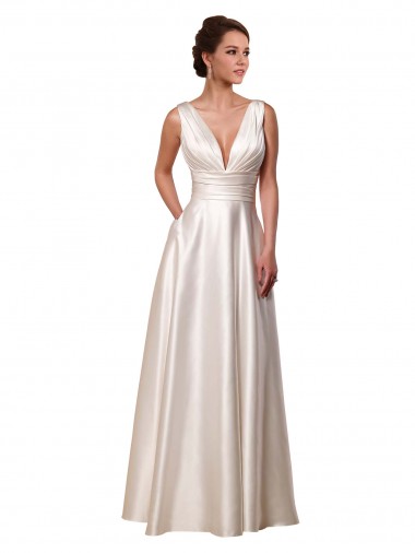 Deep V-Neck A-Line Satin Wedding Dress with Pockets Brisbane