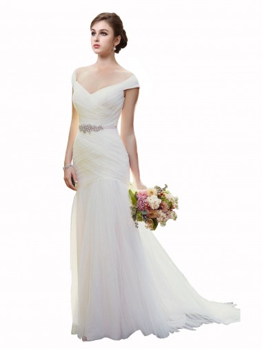 Cap Sleeves Off the Shoulder Ruched Mermaid Tulle Beach Wedding Dress Brisbane