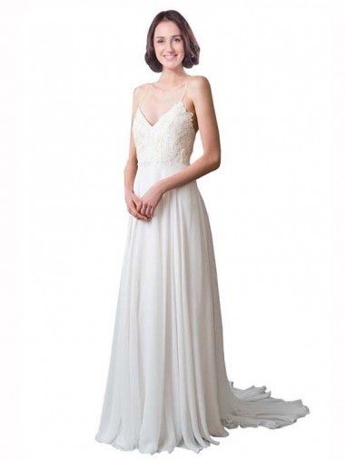 Spaghetti Straps V-Neck A-Line Chiffon Beach Wedding Dress Brisbane