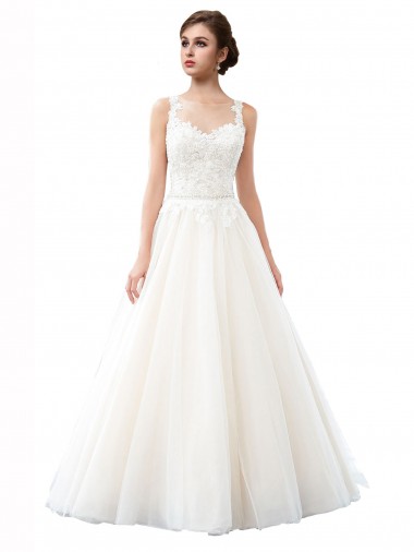 Illusion Neck A-Line Tulle Beach Wedding Dress with Lace Bodice Brisbane