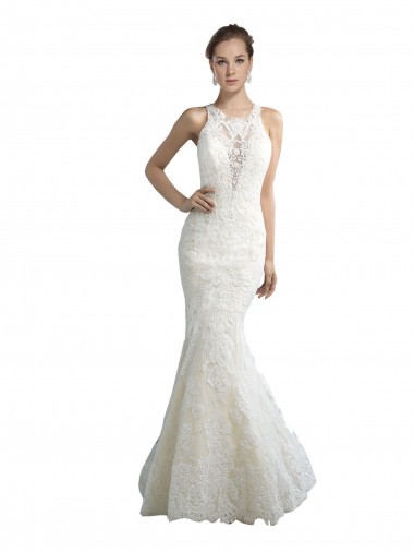 Deep Illusion Neck Mermaid Tulle Beach Wedding Dress with All Over Lace Brisbane