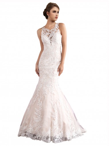 Illusion Neck Fit and Flare Tulle Wedding Dress with All Over Lace Brisbane