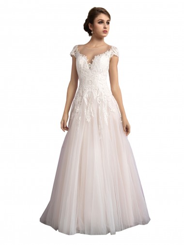 Illusion Cap Sleeves A-Line Tulle Beach Wedding Dress with Lace Bodice Brisbane