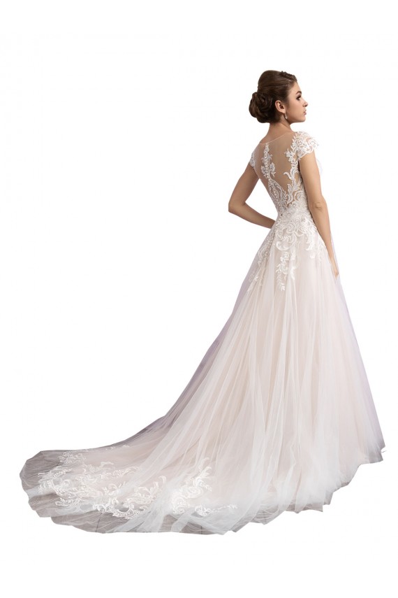 Illusion Cap Sleeves A-Line Tulle Beach Wedding Dress with Lace Bodice Brisbane