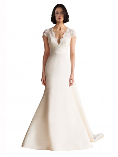 V-Neck Lace Bodice A-Line Satin Wedding Dress with Keyhole Back Brisbane