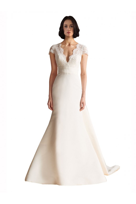 V-Neck Lace Bodice A-Line Satin Wedding Dress with Keyhole Back Brisbane