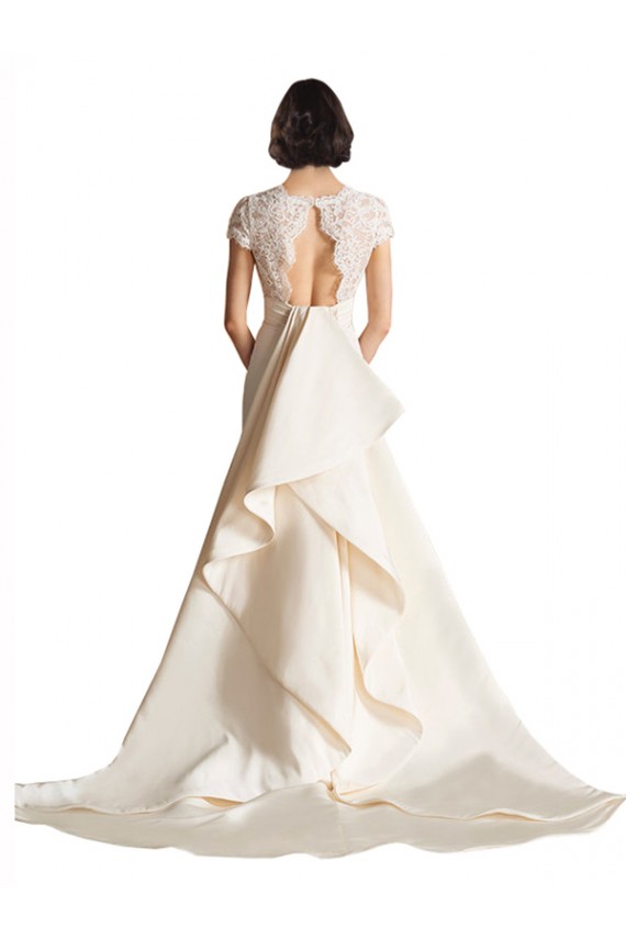 V-Neck Lace Bodice A-Line Satin Wedding Dress with Keyhole Back Brisbane