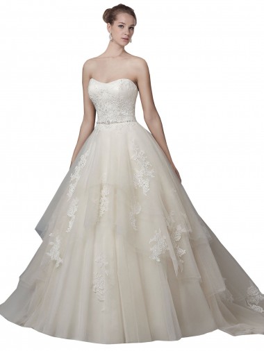 Strapless Ball Gown Tulle Wedding Dress with Lace Appliques Brisbane