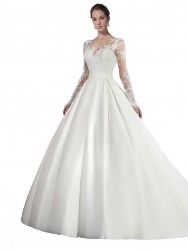 Long Sleeves Illusion Neck A-Line Satin Wedding Dress with Lace Bodice Brisbane