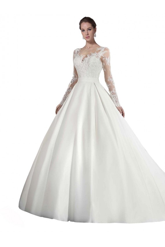 Long Sleeves Illusion Neck A-Line Satin Wedding Dress with Lace Bodice Brisbane
