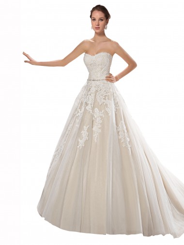 Strapless Ball Gown Tulle Wedding Dress with Lace Cascades Brisbane