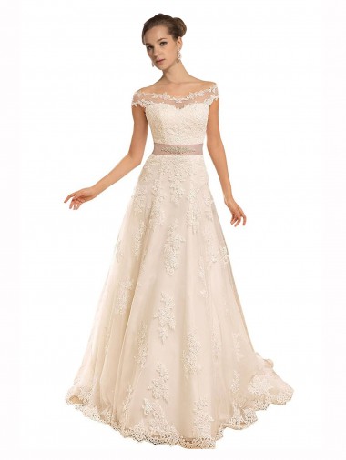 Off the Shoulder Illusion Back A-Line Lace Beach Wedding Dress Brisbane