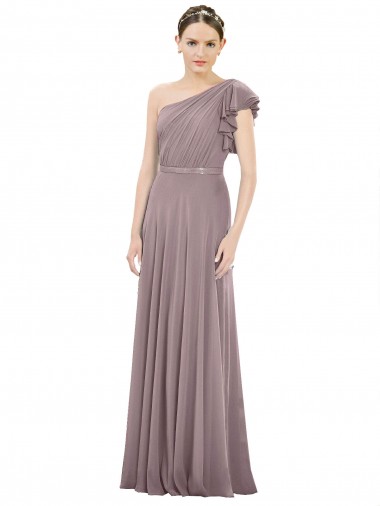 Full Length One Shoulder Chiffon Bridesmaid Dress with Shoulder Ruffle Brisbane