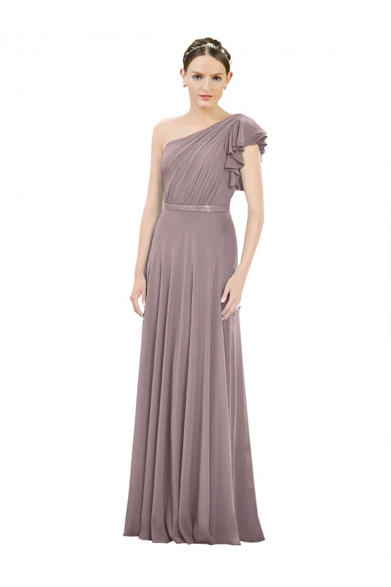 Full Length One Shoulder Chiffon Bridesmaid Dress with Shoulder Ruffle Brisbane