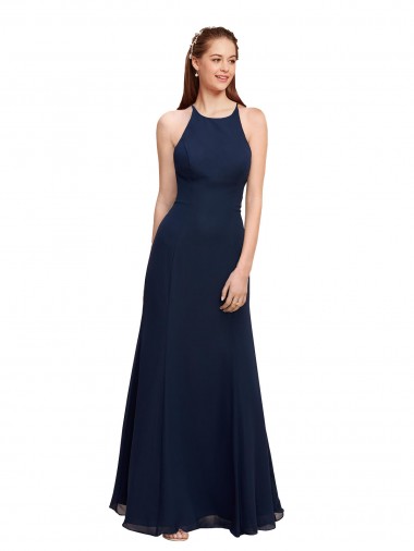 High Halter Fit and Flare Long Chiffon Bridesmaid Dress / Prom Dress with Criss Cross Low Back Brisbane