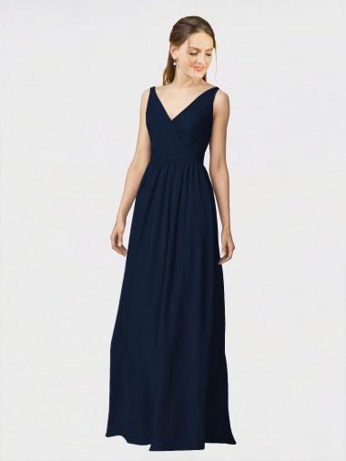 Long Chiffon Bridesmaid Dress with Shirred Bodice and V-Neckline Brisbane