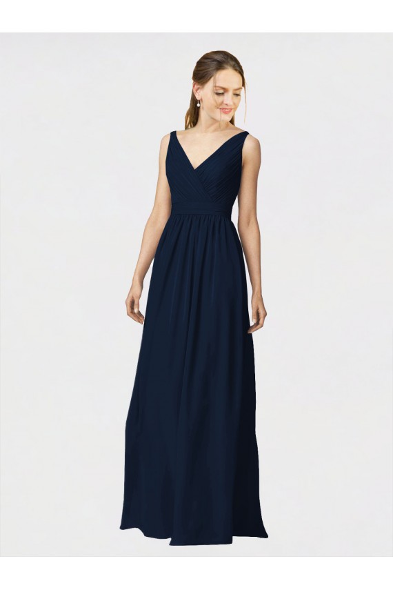Long Chiffon Bridesmaid Dress with Shirred Bodice and V-Neckline Brisbane