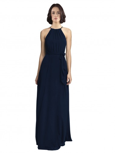 High Neckline Floor Length Chiffon Bridesmaid Dress with Belt Brisbane