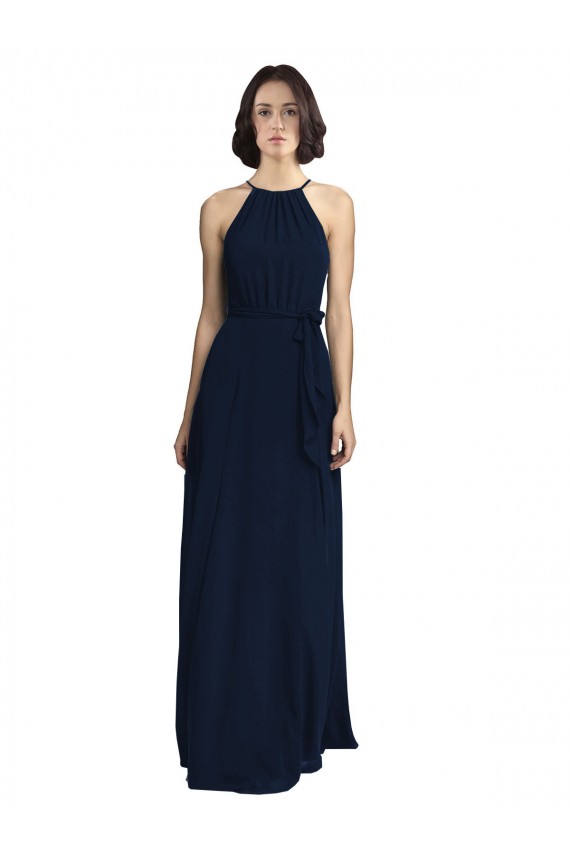 High Neckline Floor Length Chiffon Bridesmaid Dress with Belt Brisbane