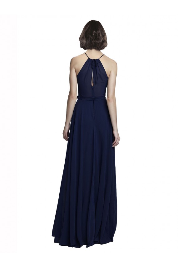 High Neckline Floor Length Chiffon Bridesmaid Dress with Belt Brisbane