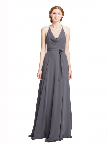 Spaghetti Strap Long Chiffon Bridesmaids Dress with Halter Cowl Neck Brisbane