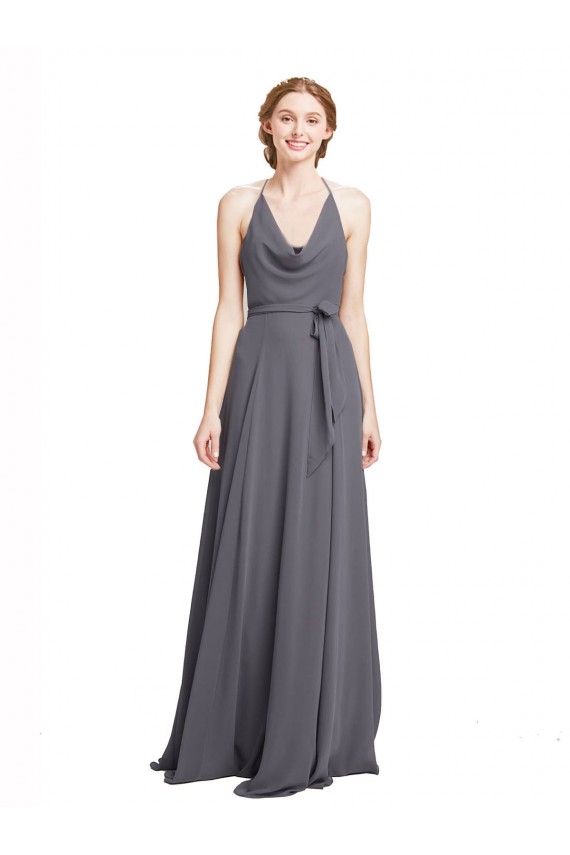 Spaghetti Strap Long Chiffon Bridesmaids Dress with Halter Cowl Neck Brisbane
