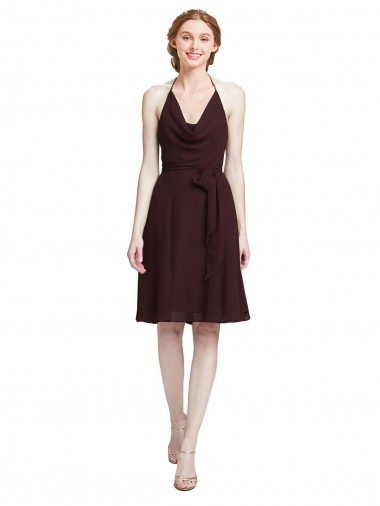 Short Knee Length Chiffon Bridesmaids Dress with Halter Cowl Neck Brisbane