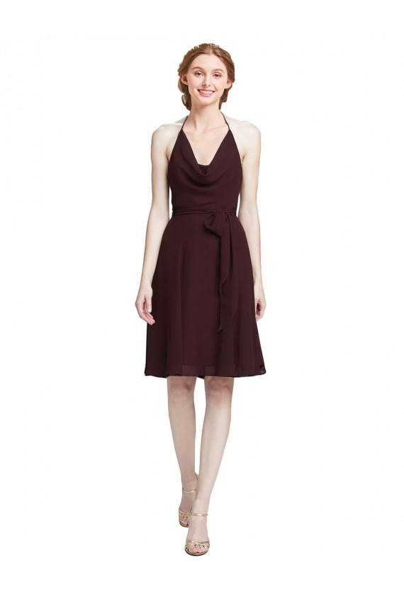 Short Knee Length Chiffon Bridesmaids Dress with Halter Cowl Neck Brisbane