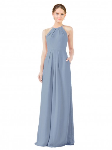 Fitted Long High Halter Neck Chiffon Bridesmaid Dress with Keyhole Back Brisbane