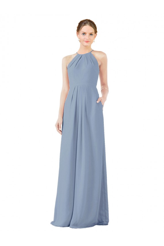 Fitted Long High Halter Neck Chiffon Bridesmaid Dress with Keyhole Back Brisbane