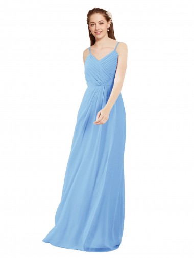 Pleated Low Back Long V-Neck Chiffon Bridesmaid Dress with Thin Straps Brisbane