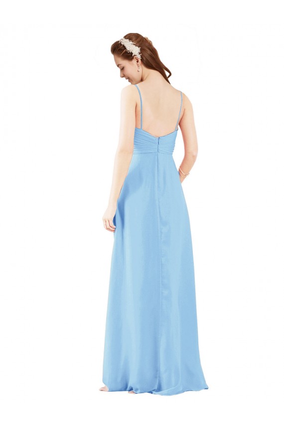 Pleated Low Back Long V-Neck Chiffon Bridesmaid Dress with Thin Straps Brisbane