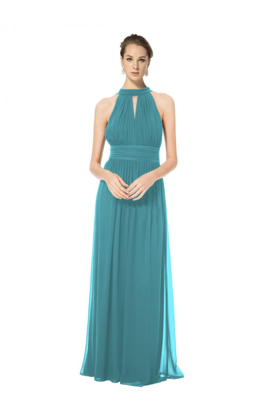 Ruched Long Chiffon Halter Bridesmaid Dress with Tie Back and Tails Brisbane