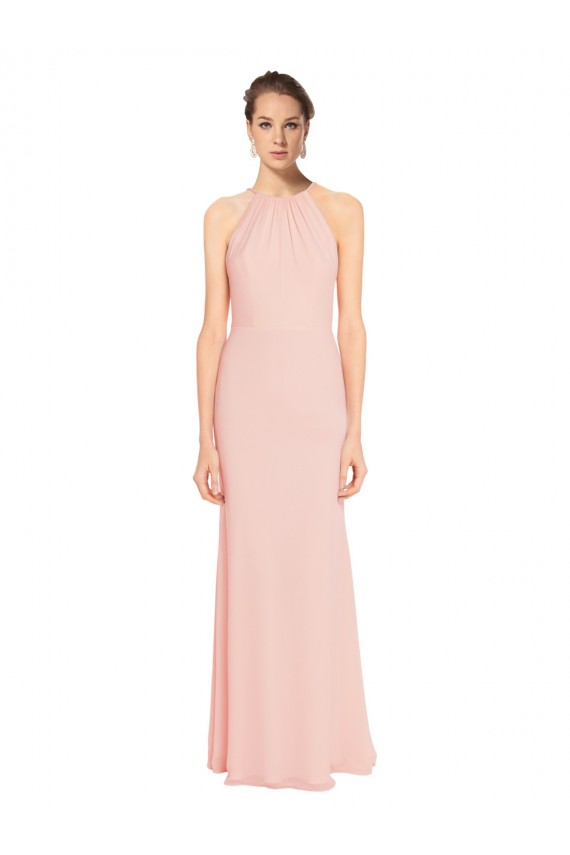 High Neck Long Chiffon Halter Bridesmaid Dress with Drape Chiffon Overlay Brisbane