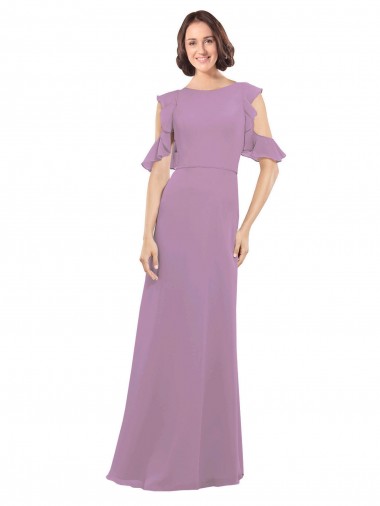 Long Chiffon Bridesmaids Dress with Flounced Sleeve Detail and Criss Cross Back Brisbane