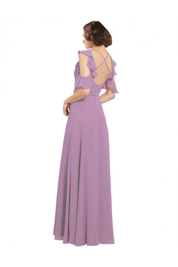 Long Chiffon Bridesmaids Dress with Flounced Sleeve Detail and Criss Cross Back Brisbane