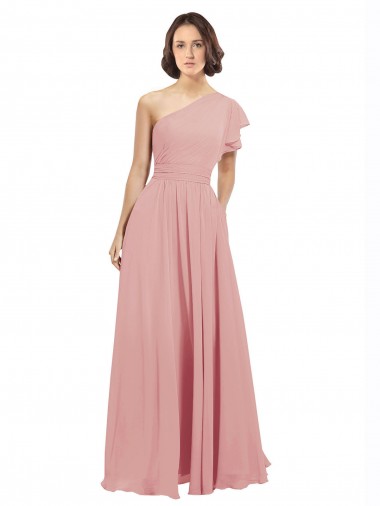 Chiffon Bridesmaids Dress with One Shoulder Flounced Sleeve Brisbane