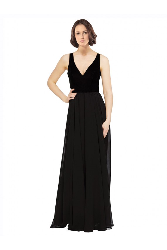 Stretch Velvet and Chiffon Bridesmaids Dress with V-Neckline Brisbane