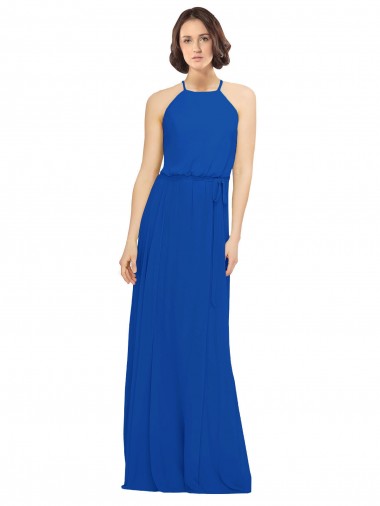 Long Jewel Neckline Chiffon Bridesmaids Dress wit Chiffon Tie Sash Brisbane