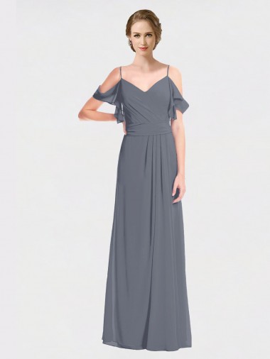 Long Chiffon Spaghetti Strap V-Neck Bridesmaid Dress with Off-The-Shoulder Flutter Sleeves Brisbane