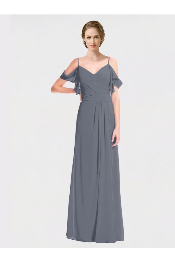 Long Chiffon Spaghetti Strap V-Neck Bridesmaid Dress with Off-The-Shoulder Flutter Sleeves Brisbane