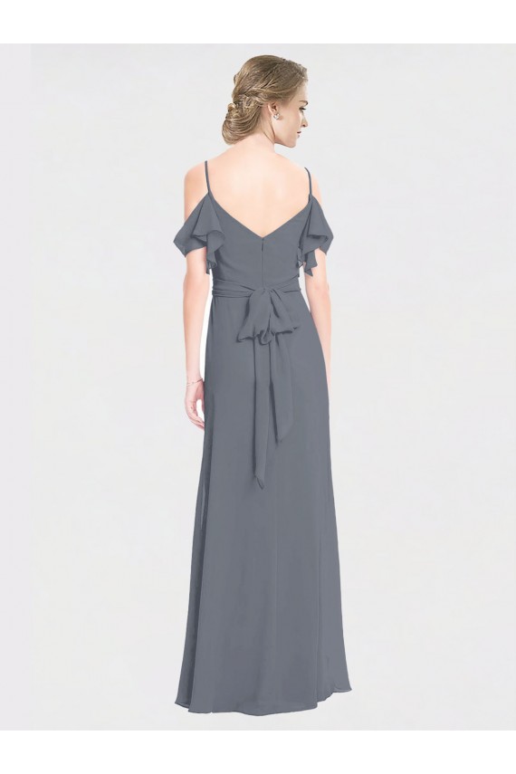 Long Chiffon Spaghetti Strap V-Neck Bridesmaid Dress with Off-The-Shoulder Flutter Sleeves Brisbane