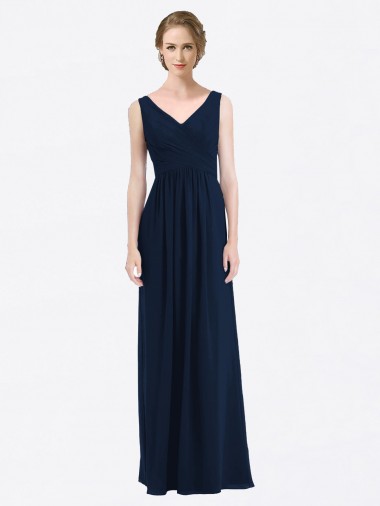Long Chiffon V-Neck Sleeveless Bridesmaid Dress with Criss-Cross Pleated Bodice Brisbane