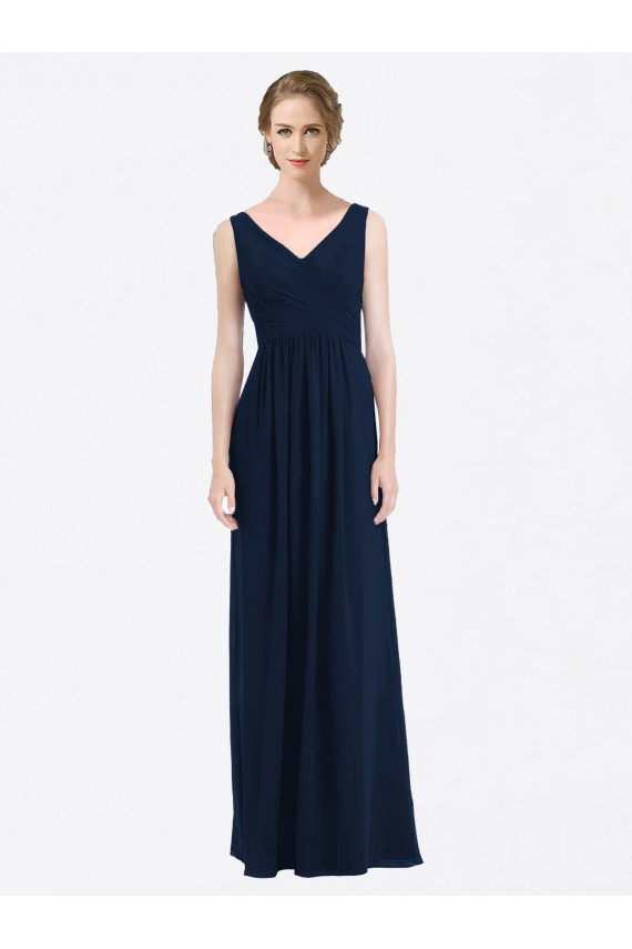 Long Chiffon V-Neck Sleeveless Bridesmaid Dress with Criss-Cross Pleated Bodice Brisbane